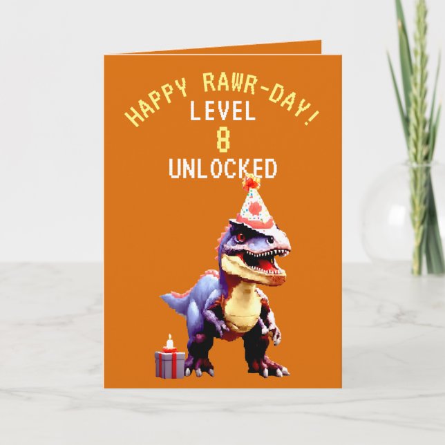Spelande Orange & White Trex Pixel Game Birthday Kort (Framsida)