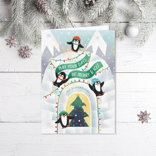 Spelande Penguins Igloo Winter Helgkort