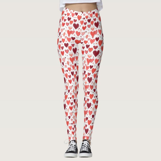 Spelande röda hand plockade-hjärtan mönster på vit leggings (Framsida)