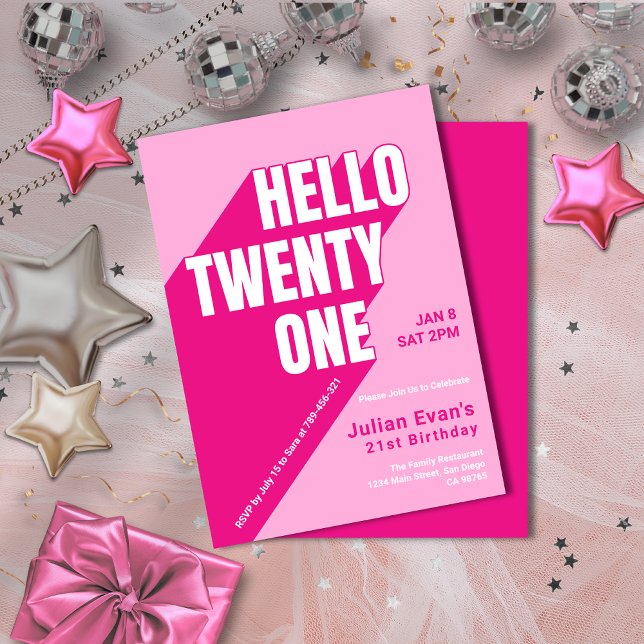 Spelande Rosa Girly Dold Typography 21 Birthday Inbjudningar (Playful Pink Girly Bold Typography 21st Birthday Invitation)