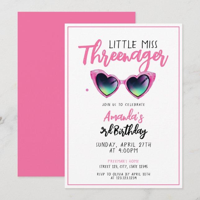 Spelande Rosa Sunglasses Threenager 3rd Birthday Inbjudningar (Fram/baksida)