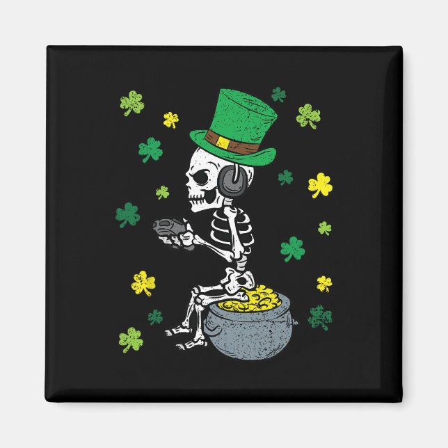 Spelande Skelett St Patrick Dag Spelare Leprechaun Magnet (Framsidan)
