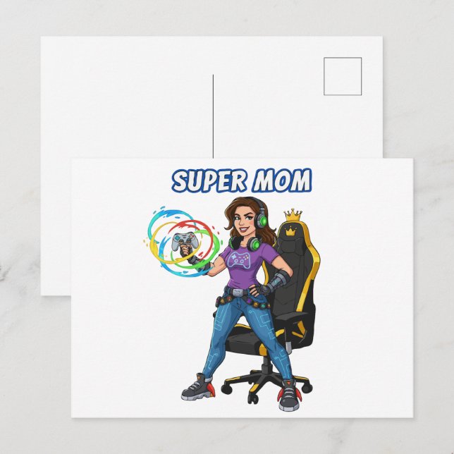 Spelande Super Mamma Spelkontroll Cartoon Vykort (Fram/baksida)