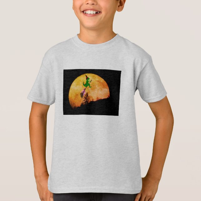 Spelande T-Rex Witch Halloween Tee | Funny Kids (Framsida)