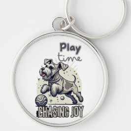 Spelande Tassar: Light Grått Hund Glatta chase Rund Silverfärgad Nyckelring