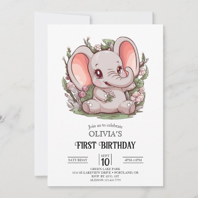 Spelande Tecknad Elephant 1st Birthday Digital Inbjudningar (Framsida)