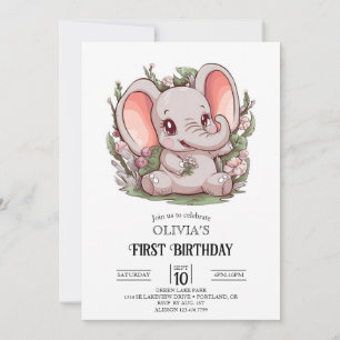 Spelande Tecknad Elephant 1st Birthday Digital Inbjudningar