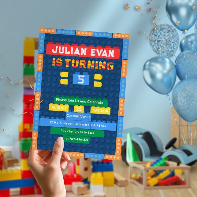Spelande tegelstenar som Bygger blocks Boy's Blue  Inbjudningar (Playful Bricks Building Blocks Boy's Blue Birthday Invitation)