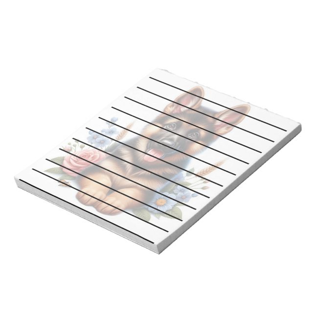 Spelande tysk shepherd Puppy with Flowers Anteckningsblock (Roterad)