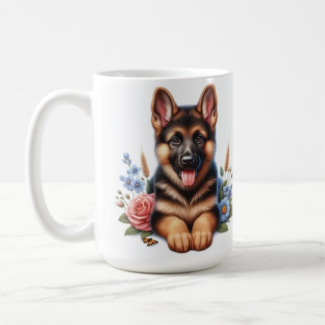 Spelande tysk shepherd Puppy with Flowers Kaffemugg (Vänster)