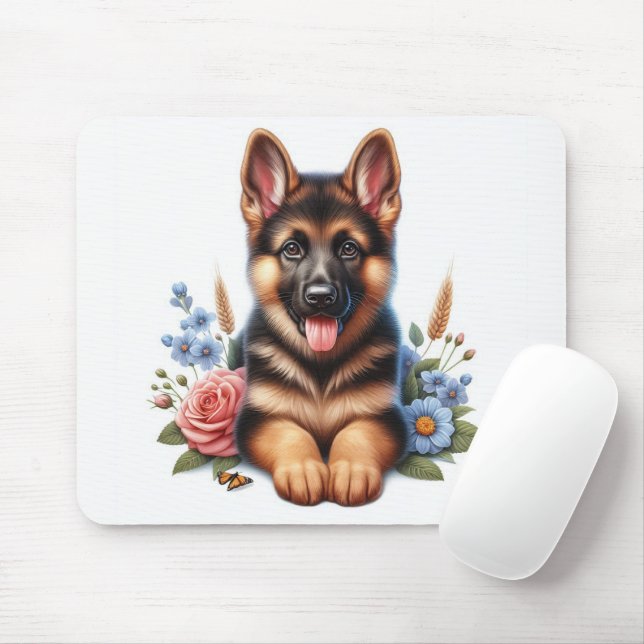 Spelande tysk shepherd Puppy with Flowers Musmatta (Med mus)