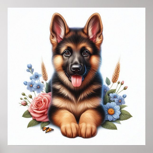 Spelande tysk shepherd Puppy with Flowers Poster (Framsidan)