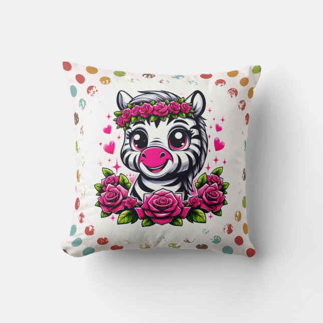 Spelande Zebra med Rosa ros Krona Kudde (Framsida)