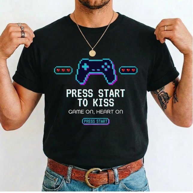 Spelar Kärlek Tryck Start för att Kyssa för spelar T Shirt (Skapare uppladdad)
