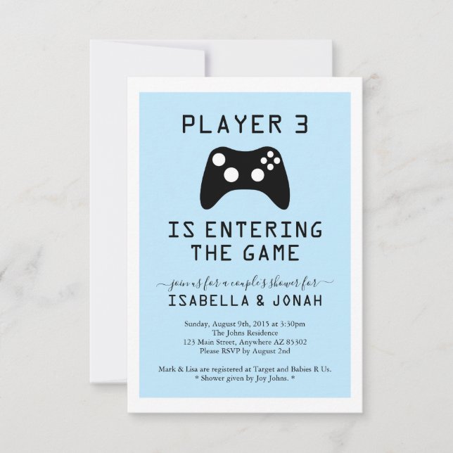 Spelare 3 Video Game Baby / Couple's Shower Inbjudningar (Framsida)