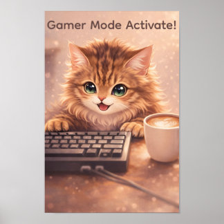 Spelare Anime Katt vid Tangentbord Poster
