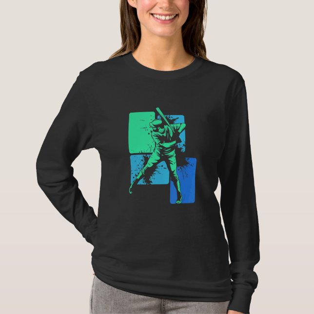 Spelare Baseboll Slagman Grön Blå Catcher Pitcher T Shirt (Framsida)