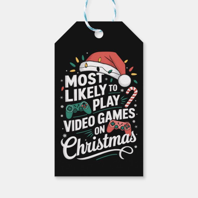 Spelare som troligast spelar videospel i julklapp presentetikett (Baksidan)