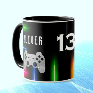 Spelare Videospel Kontroller Neon Namn Ålder Mugg