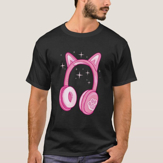 Spelarkatt Högtalare Hörlurar Dator T Shirt (Framsida)