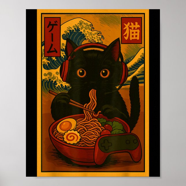Spelarkatt som äter Ramen på japanskt vis  Poster (Framsidan)