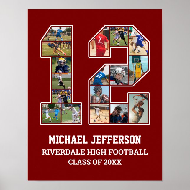 Spelarnummer 12 Senior Sports Team Photo Collage Poster (Framsidan)