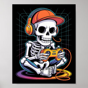 Spelarskelett Hörlurar Videospel Älskare Halloween Poster