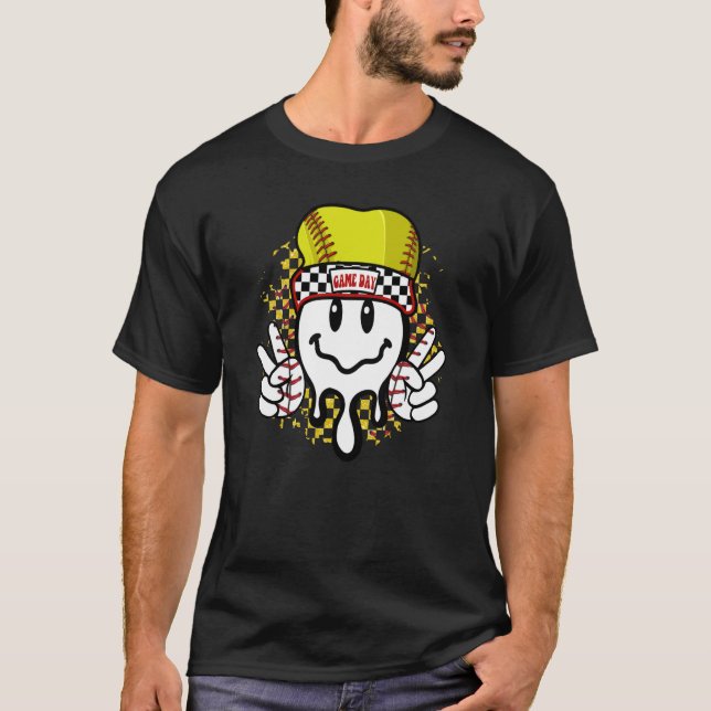 Speldag Softball Retro Smile Ansikte Baseball Soft T Shirt (Framsida)