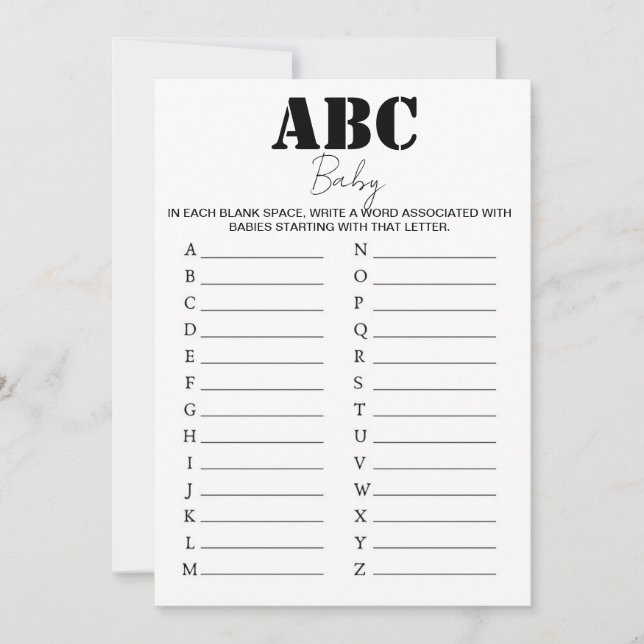 Spelet ABC Alphabet Baby Shower - B/W Inbjudningar (Framsida)