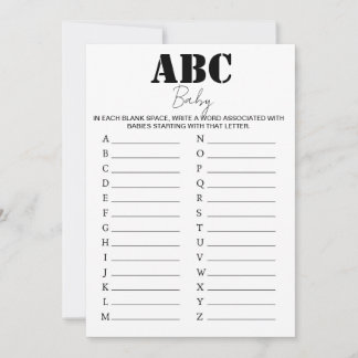 Spelet ABC Alphabet Baby Shower - B/W Inbjudningar