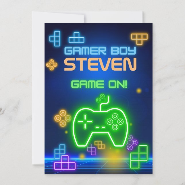 Spelet är igång neon grön, blå, gul gamer Inbjudan (Framsida)