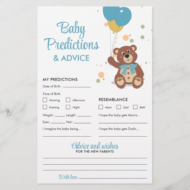 Spelet baby Predictions and Advice Blue Nalle Game Flygblad (Framsidan)