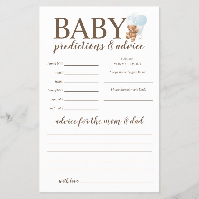 Spelet baby Predictions and Advice Blue Nalle Game Flygblad (Framsidan)