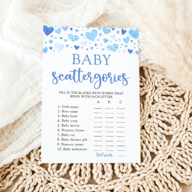 Spelet Blue Valentine Baby Shower Scattegories Inbjudningar (Watercolor Cute Blue Hearts Valentine Sweetheart February Boy Baby Scattegories Baby Shower Game)