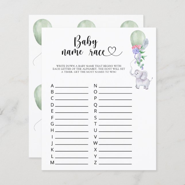 Spelet Elephant & Balloon - Baby namn tävling (Fram/baksida)