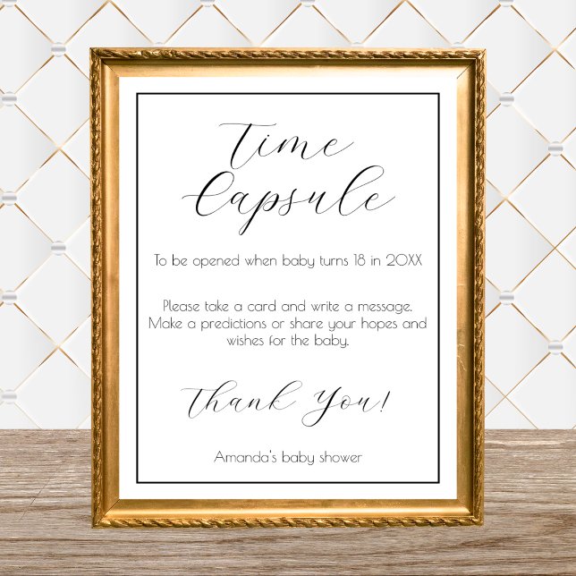 Spelet för tidskapsel minimalistiskt babyvisningss poster (time capsule baby shower game minimalist elegant script calligraphy gender neutral black and white)