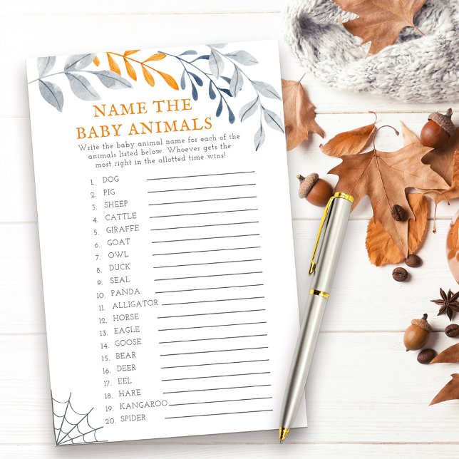 Spelet Halloween Baby djur Baby Shower Game (Baby Animals halloween themed baby shower game with fall leaves and cobweb)