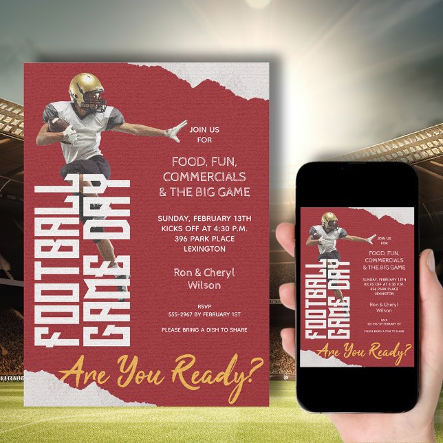 Spelet i fotbollsspelaren på Red Inbjudningar (American Football Player on Red Bowl Game Invitations - order INSTANT DOWNLOAD, PRINTED or both!)