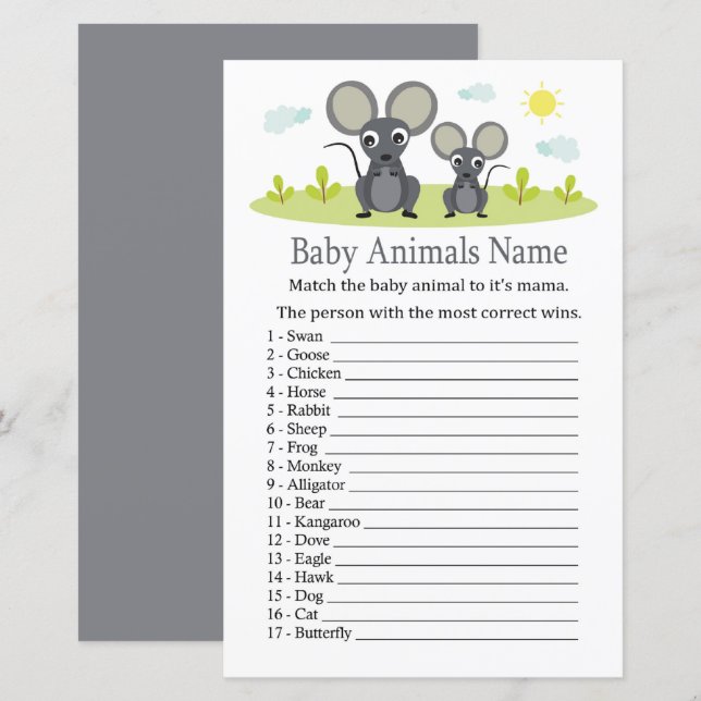 Spelet Mouse Baby djur Namn (Fram/baksida)