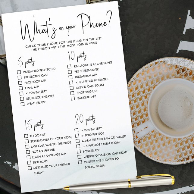 Spelet på din Mobila Möhippa-Grönt Tvättar (What's on your Phone bridal shower game for guests to score points depending what's on their phone)