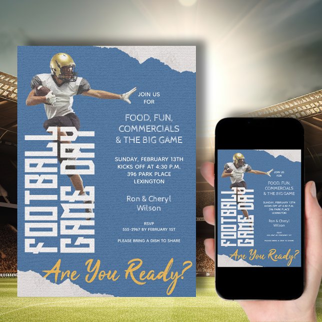 Spelet på fotbollsspelaren i blått inbjudningar (American Football Player on Blue Bowl Game Invitations - order INSTANT DOWNLOAD, PRINTED or both!)