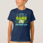 Spelet på Neon Glow Video Gaming Birthday Boy Part T Shirt<br><div class="desc">Spelet på blått och grönt nyljusspel Födelsedagsfesten för pojkar och flickor med glödande inslag och en spelkontroll.</div>