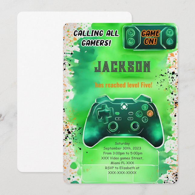 Spelet på, pojkens videospel på födelsedagen inbjudningar (Fram/baksida)