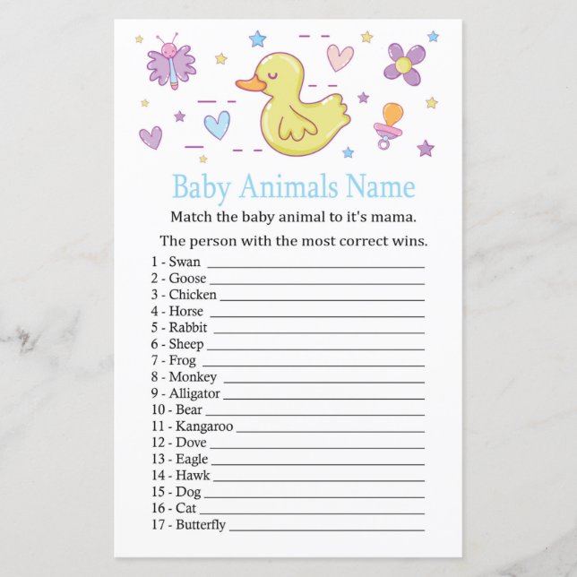 Spelet Rubber anka Baby djur Namn (Framsida)