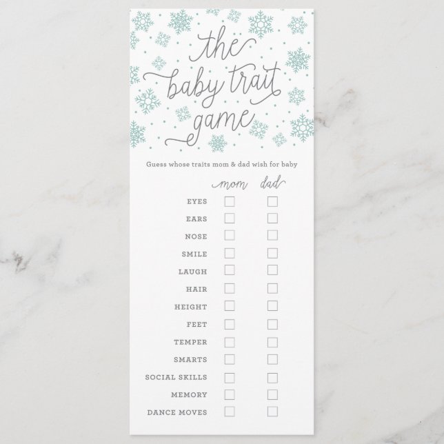 Spelet "Snowflake Baby Shower Game Card" i baby (Framsida)