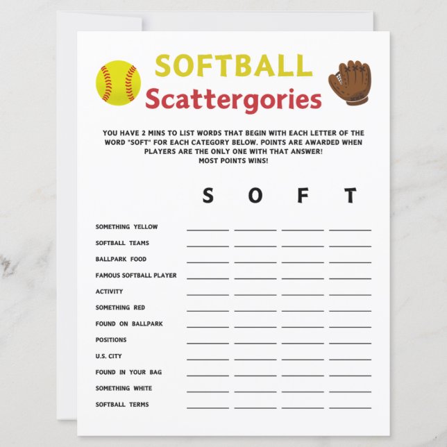 Spelet Softball Scattergories (Framsida)