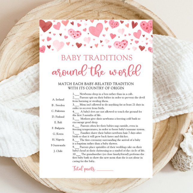 Spelet Valentine Baby Traditions Värld runt Game Inbjudningar (Watercolor Pink Hearts Valentine Sweetheart Girl Baby Traditions Around The World Baby Shower Game)