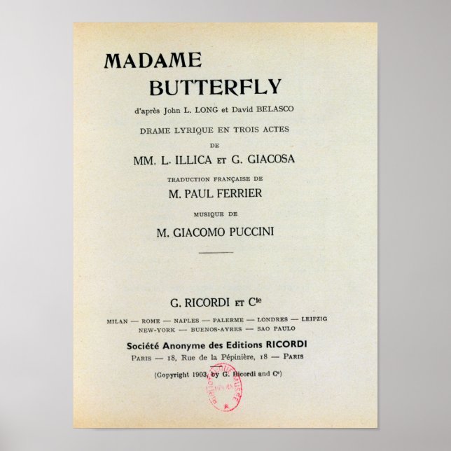 Spelfaktura för Madame Butterfly av Giacomo Poster (Framsidan)