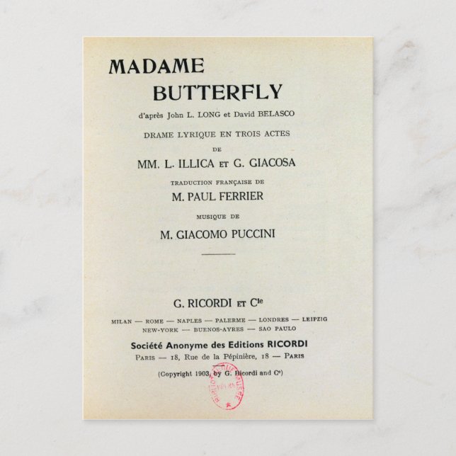 Spelfaktura för Madame Butterfly av Giacomo Vykort (Framsida)