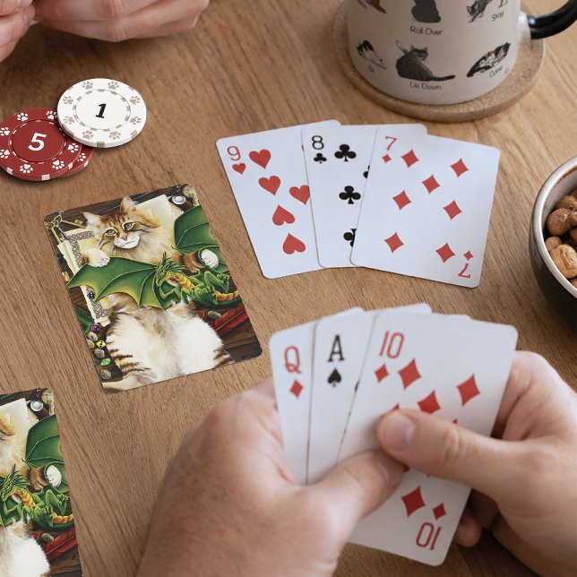 Spelfantasi Katt Grön Drak Tärning Casinokort (Skapare uppladdad)